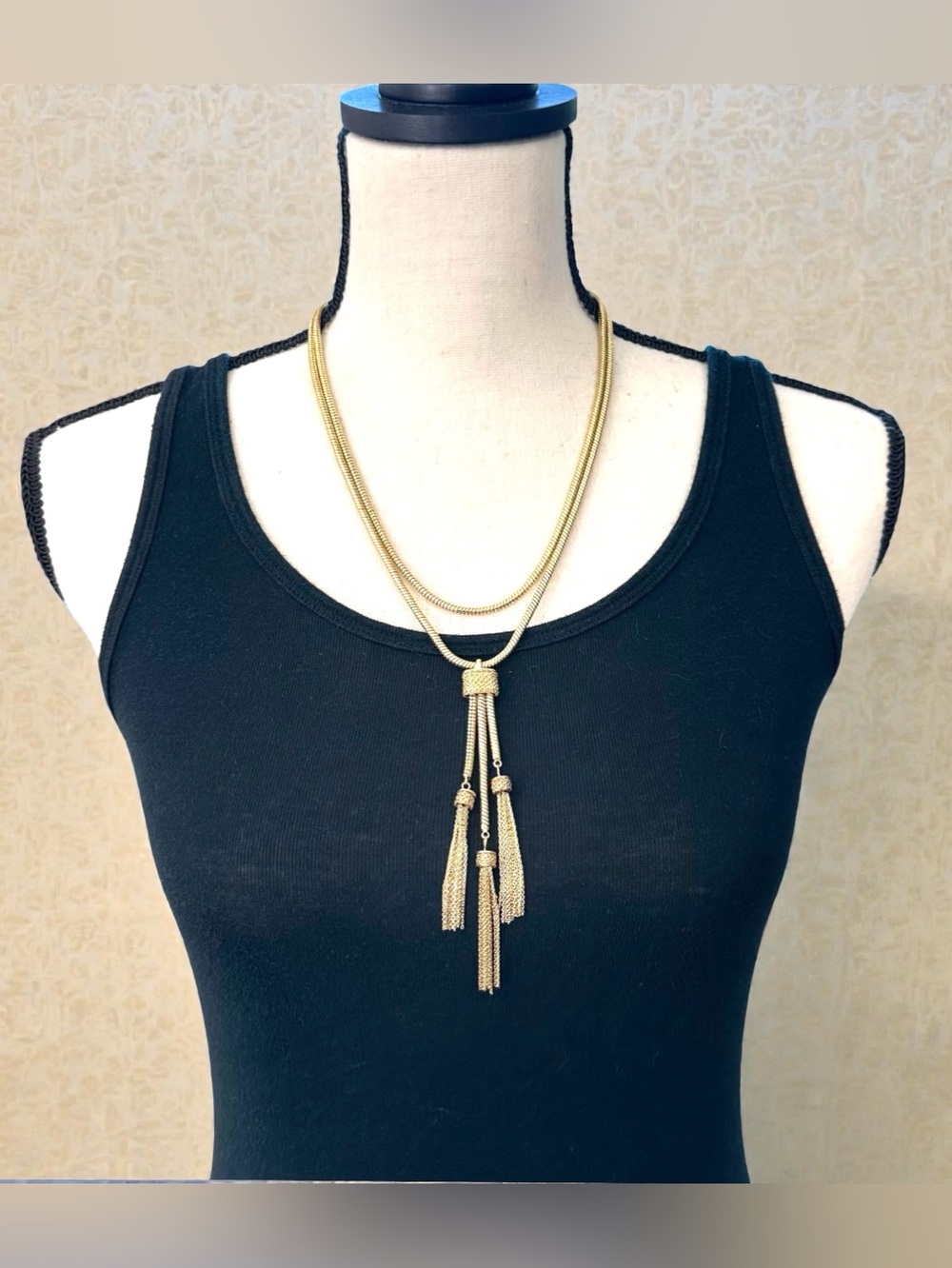 💛Vintage Ann Taylor Double Strand Gold Tone Long Necklace with Chain Tassels